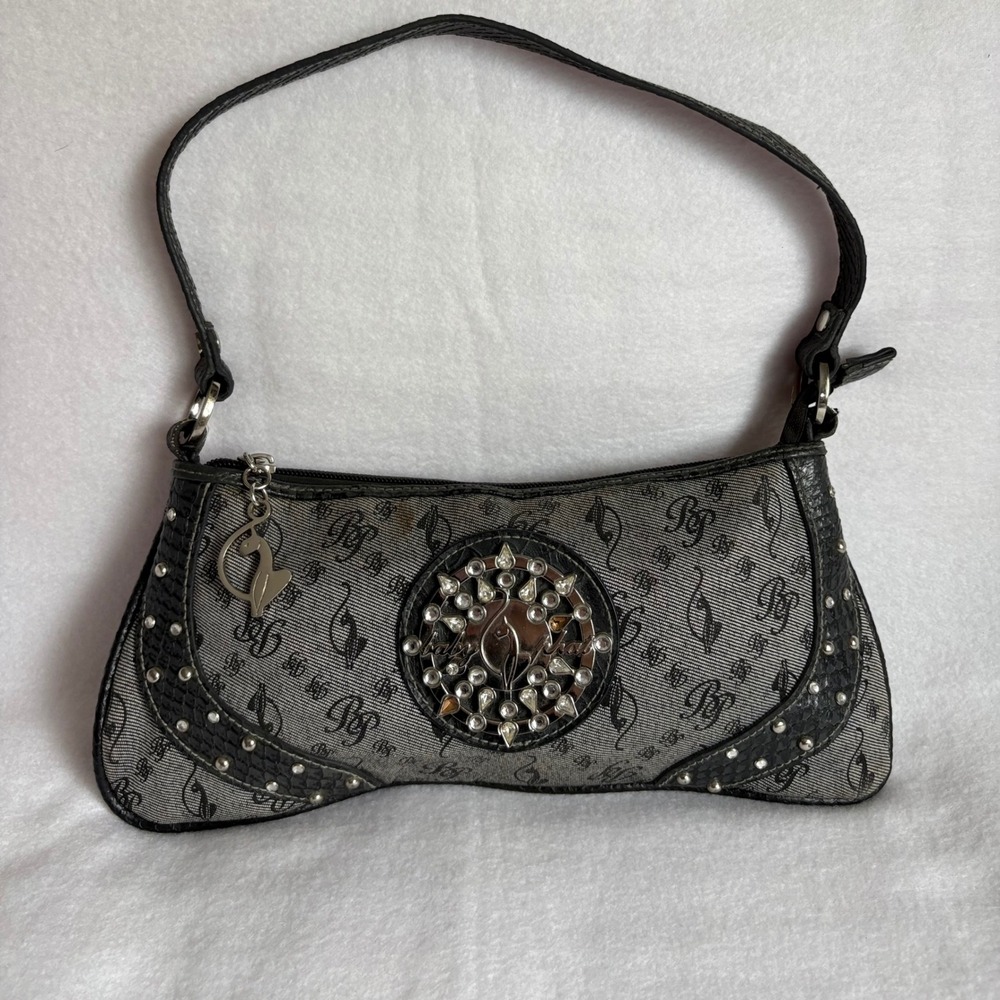 Baby Phat Vintage Y2K Monogram Shoulder Bag Rhinestone Cat Logo Grey Black